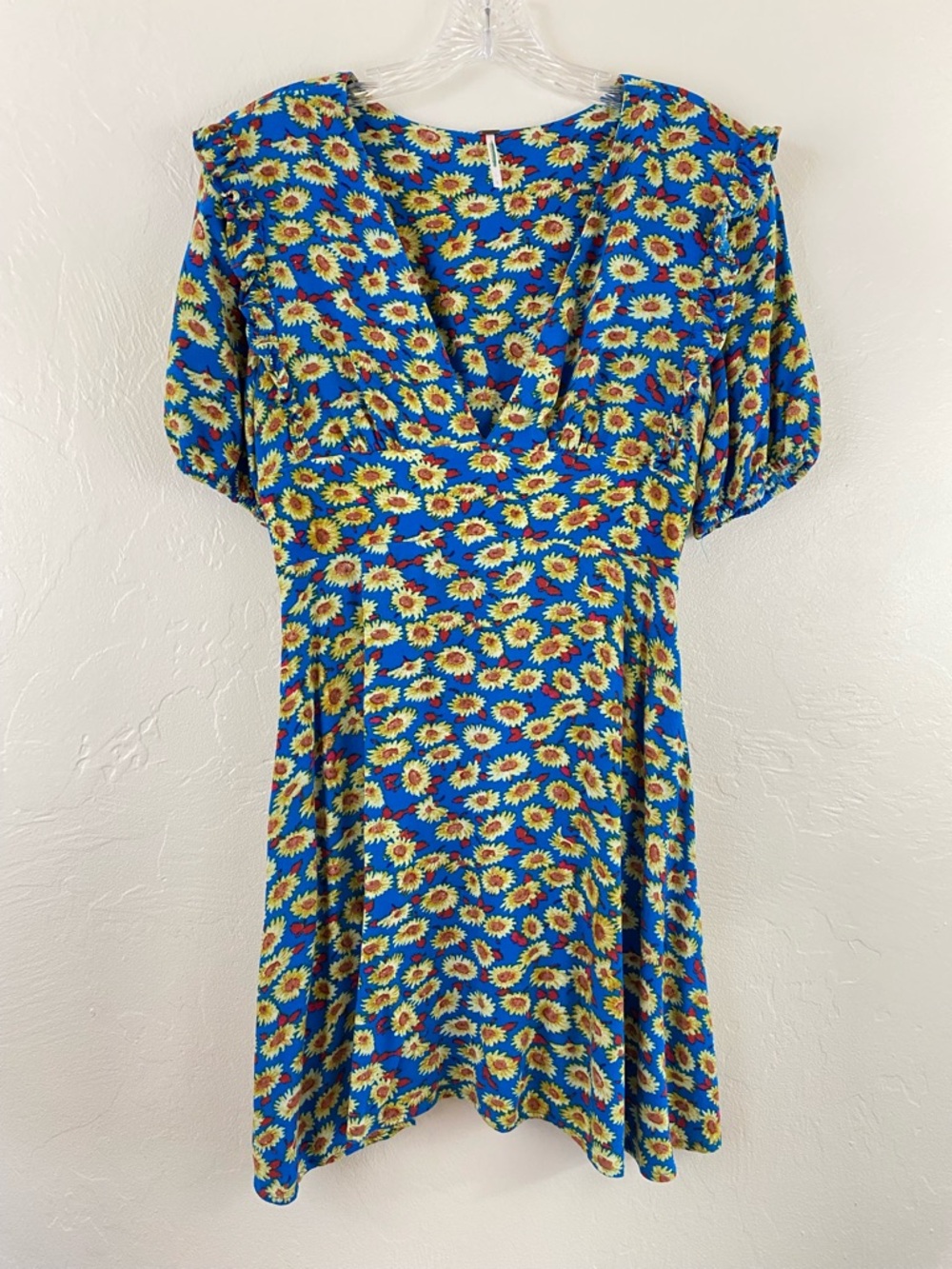 Free People Size 4 Blue & Yellow Floral Daisy Puffy Sleeve V-neck Mini Dress